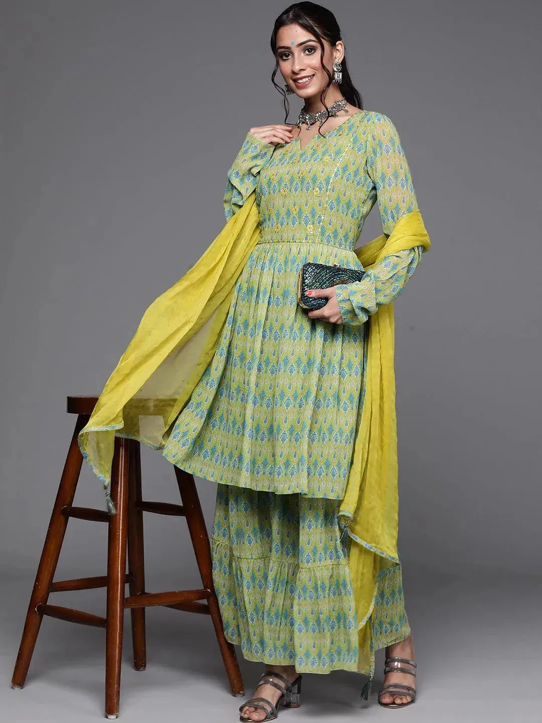 Lime Green Printed Georgette A-Line Kurta With Sharara & Dupatta