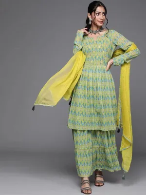 Lime Green Printed Georgette A-Line Kurta With Sharara & Dupatta