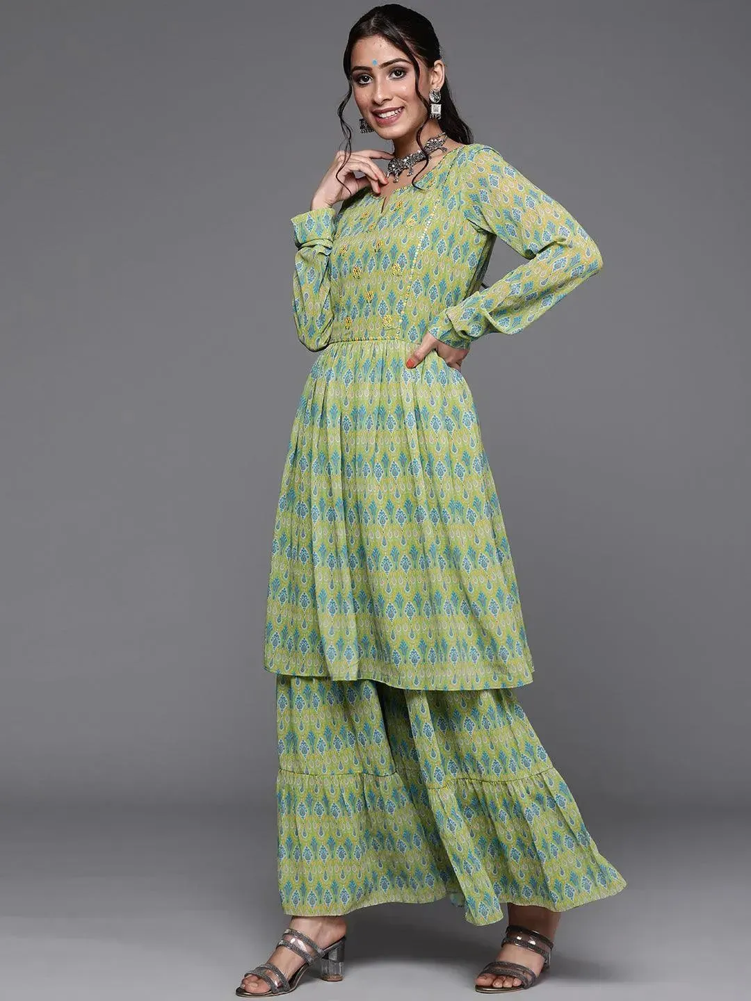 Lime Green Printed Georgette A-Line Kurta With Sharara & Dupatta