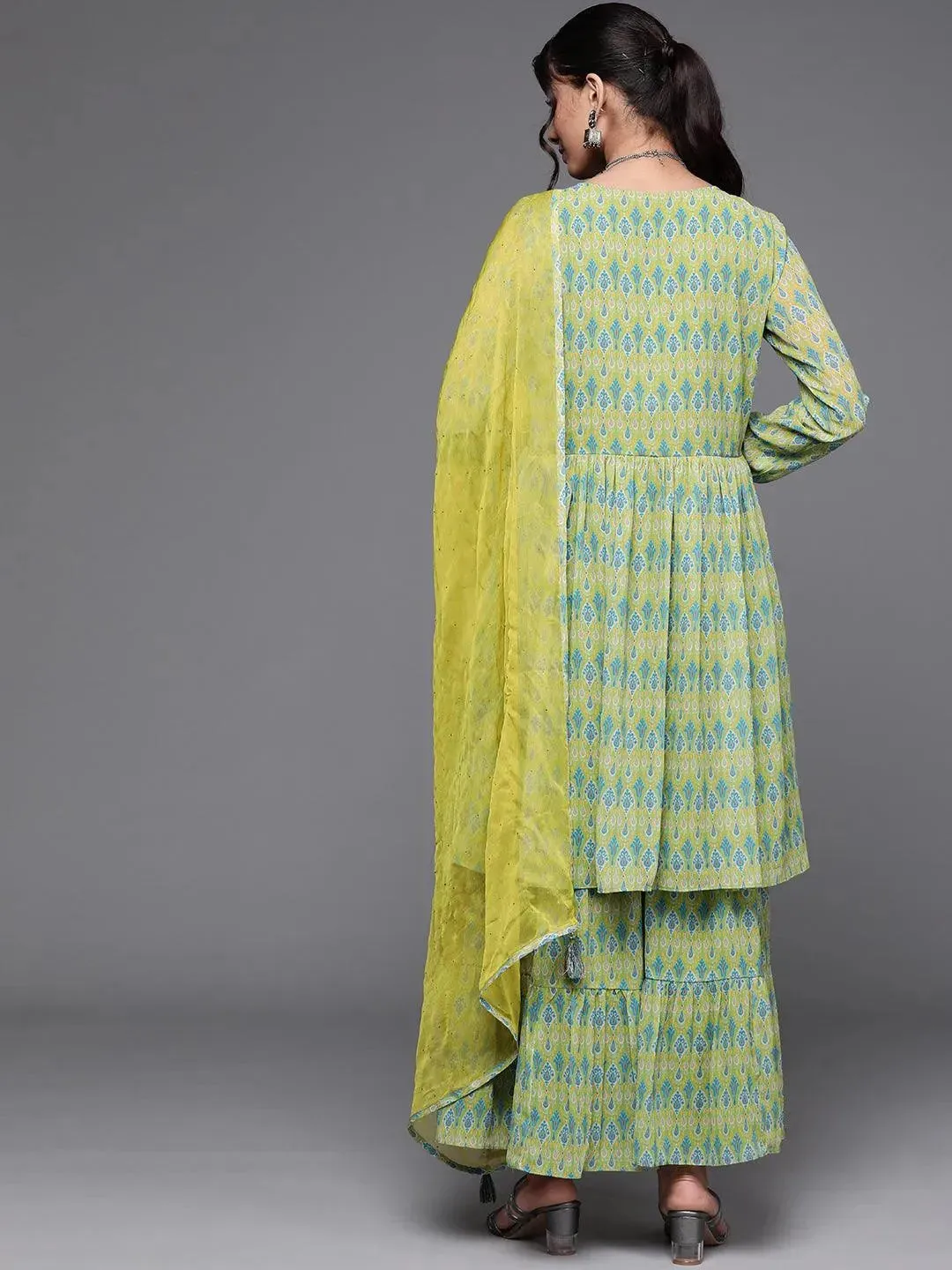 Lime Green Printed Georgette A-Line Kurta With Sharara & Dupatta