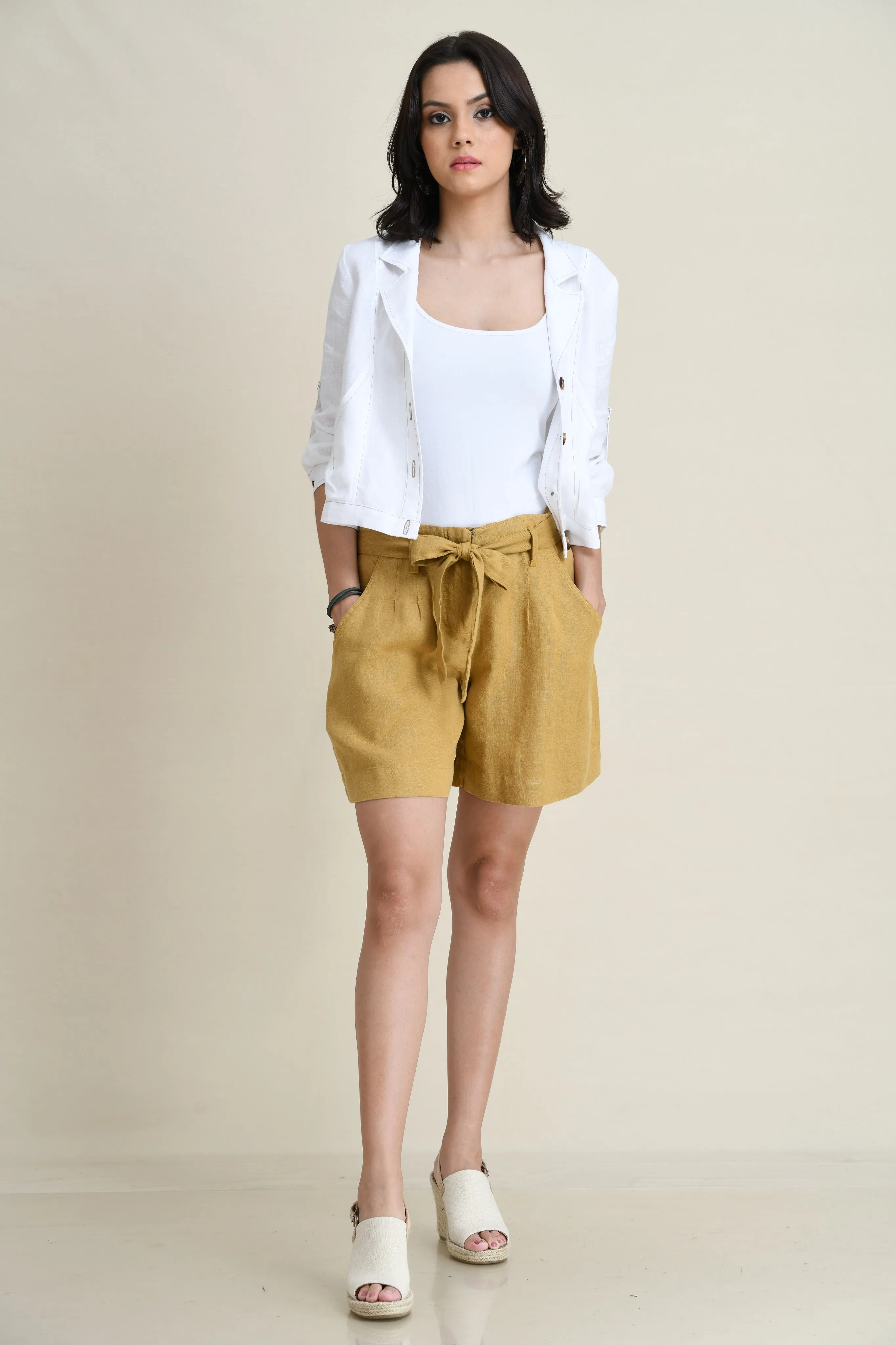 LINEN BELTED UTILITY SHORTS
