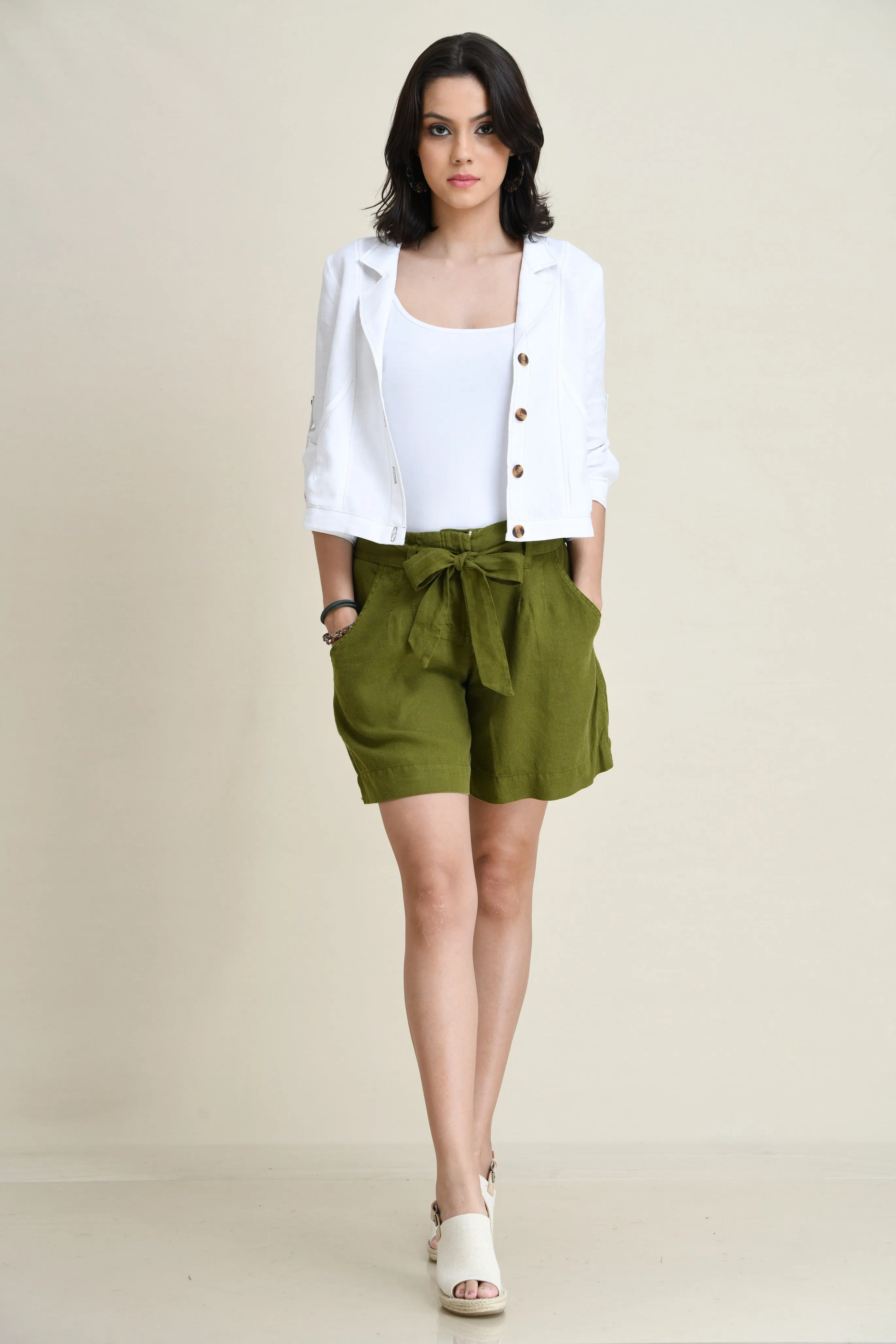 LINEN BELTED UTILITY SHORTS