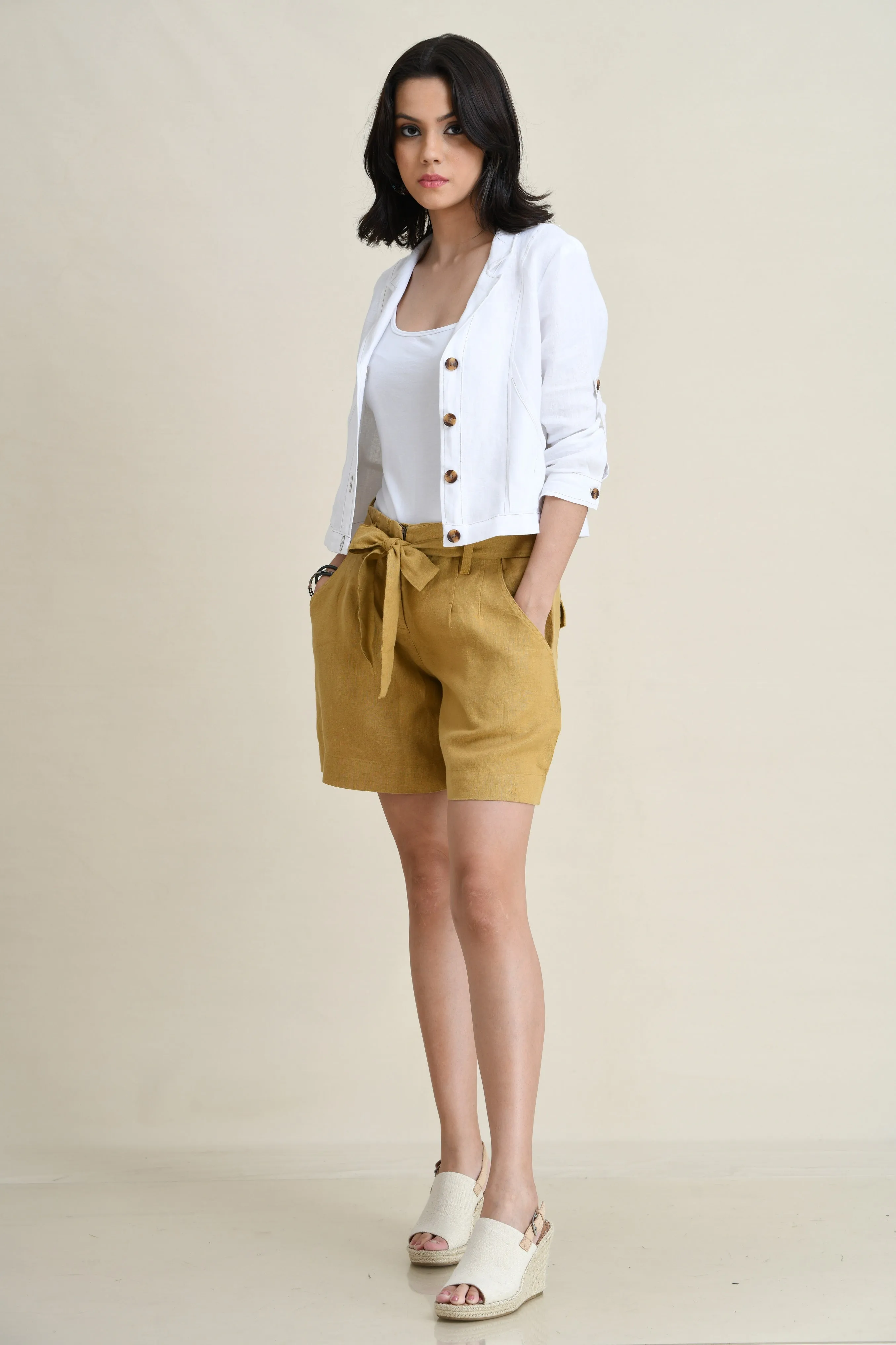 LINEN BELTED UTILITY SHORTS