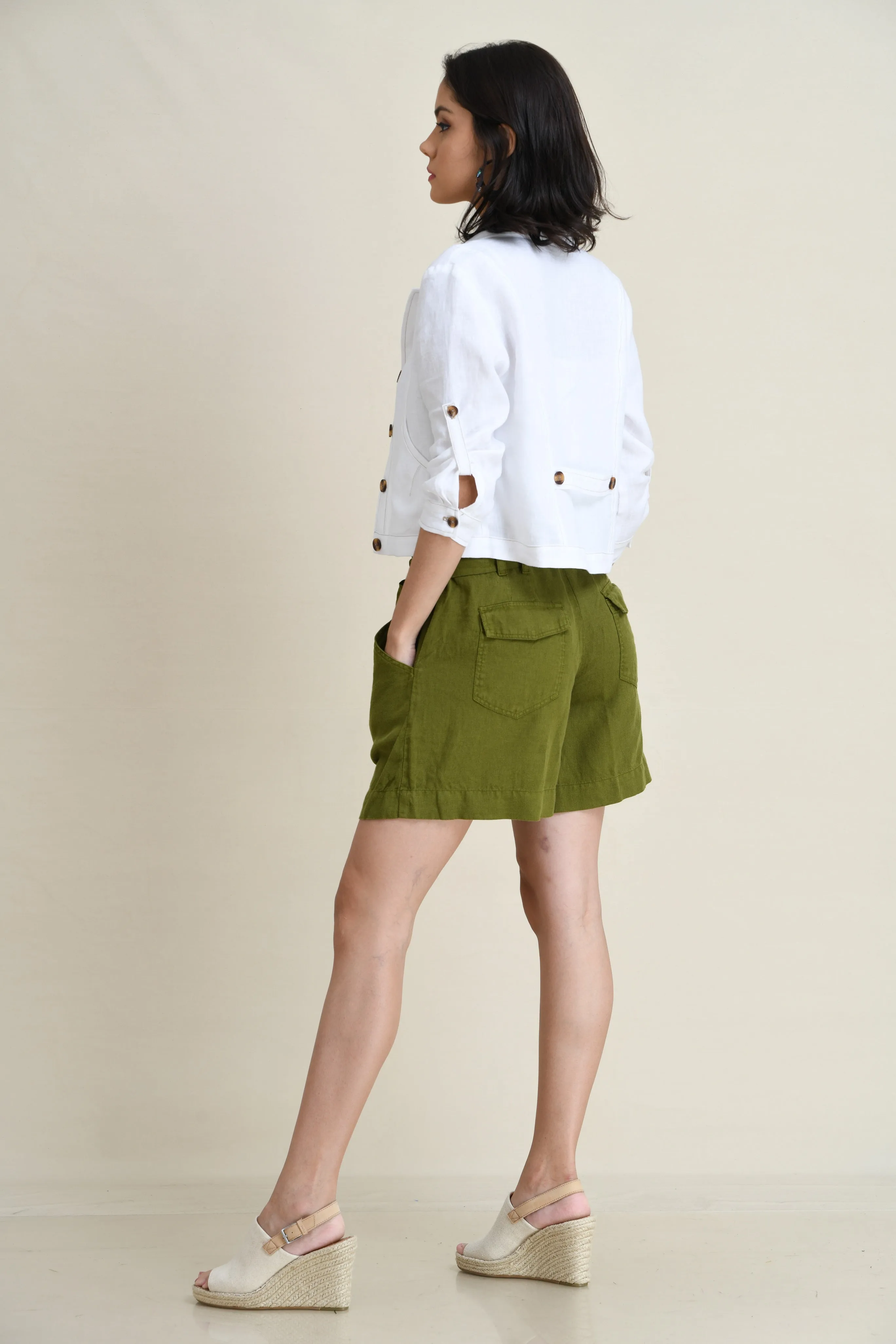 LINEN BELTED UTILITY SHORTS