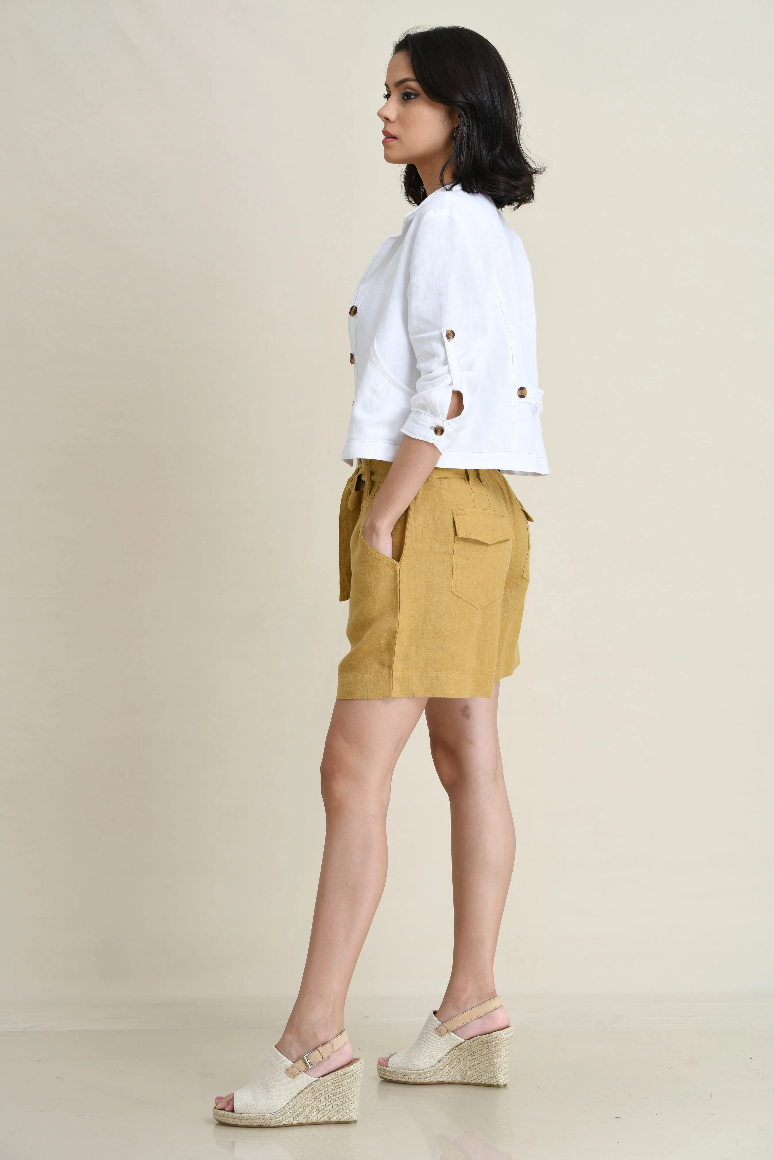 LINEN BELTED UTILITY SHORTS