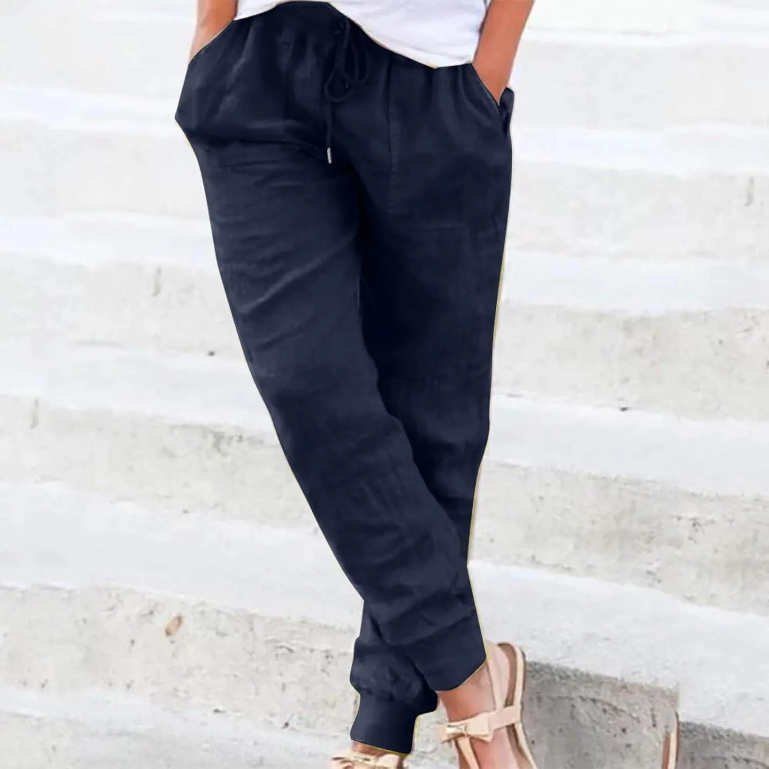 Linen Palazzo Pants for Women Casual High Waist Lightweight Summer Palazzo Trouser with Pockets Ladies Wide Leg Pants