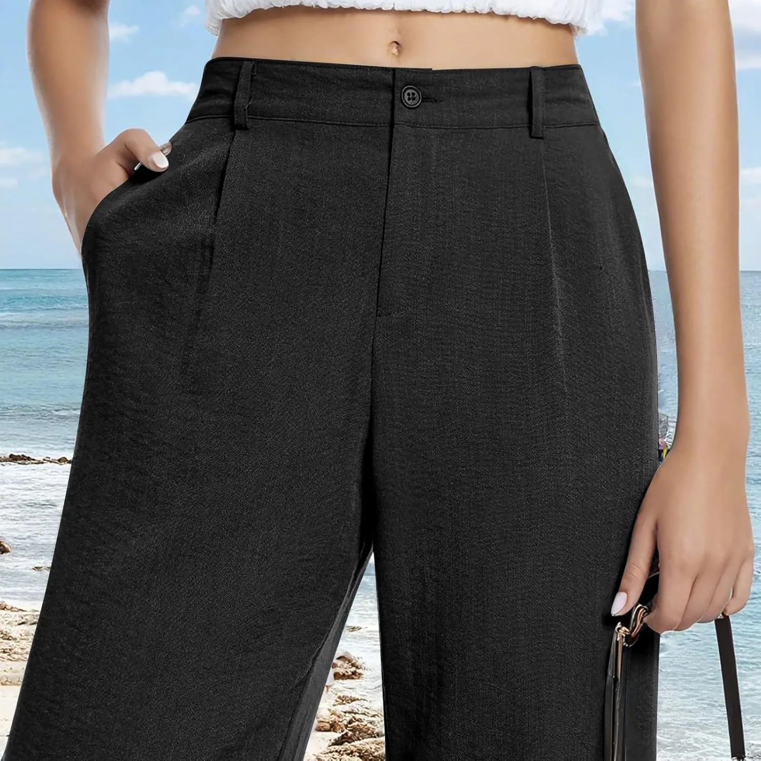 Linen Palazzo Pants for Women Dressy Business Casual High Waisted Teacher Pants Button Down Wide Leg Work Trousers