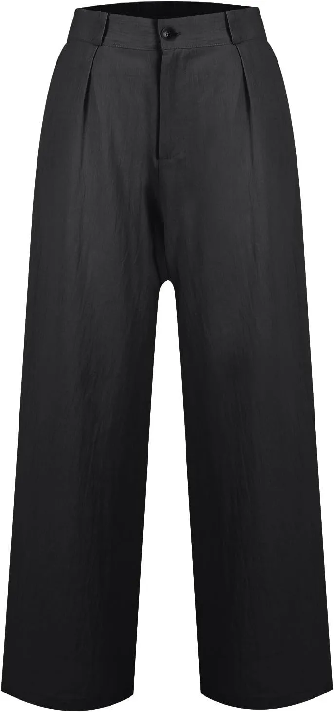 Linen Palazzo Pants for Women Dressy Business Casual High Waisted Teacher Pants Button Down Wide Leg Work Trousers
