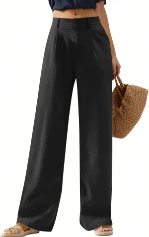 Linen Palazzo Pants for Women Dressy Business Casual High Waisted Teacher Pants Button Down Wide Leg Work Trousers