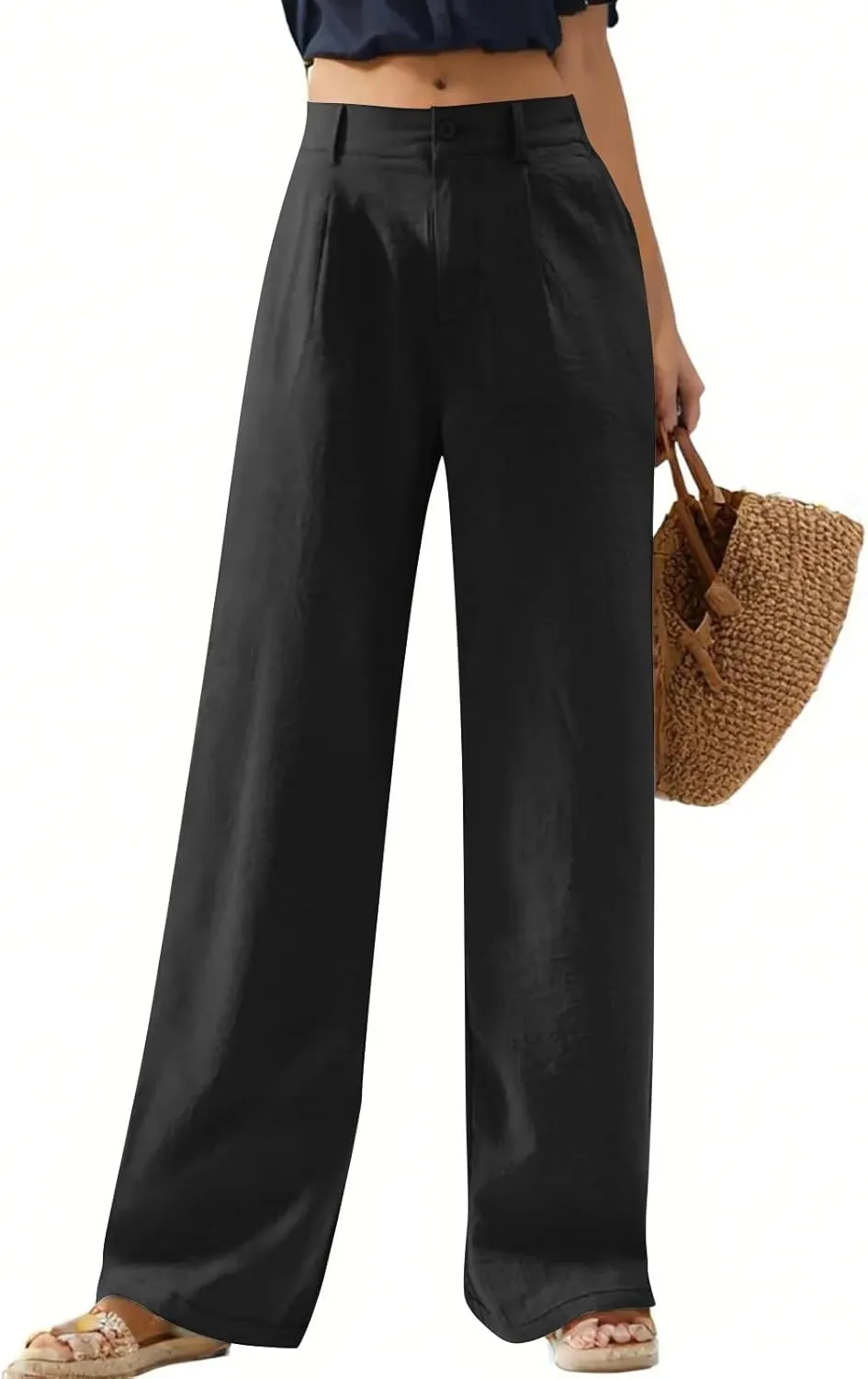Linen Palazzo Pants for Women Dressy Business Casual High Waisted Teacher Pants Button Down Wide Leg Work Trousers