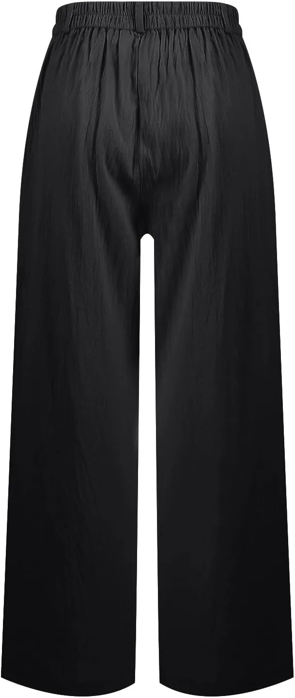 Linen Palazzo Pants for Women Dressy Business Casual High Waisted Teacher Pants Button Down Wide Leg Work Trousers