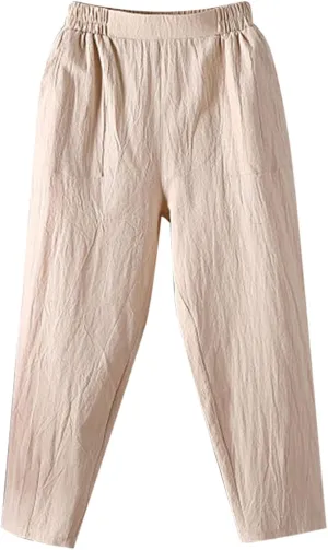 Linen Pants Women Summer 2025 High Elastic Waist Cropped Trouser Solid Color Relaxed Fit Beach Trousers with Pockets