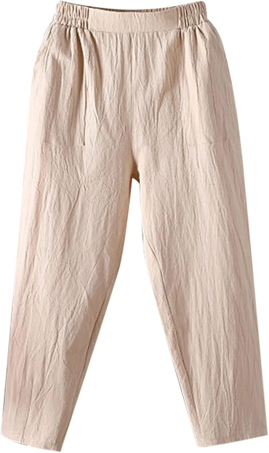 Linen Pants Women Summer 2025 High Elastic Waist Cropped Trouser Solid Color Relaxed Fit Beach Trousers with Pockets