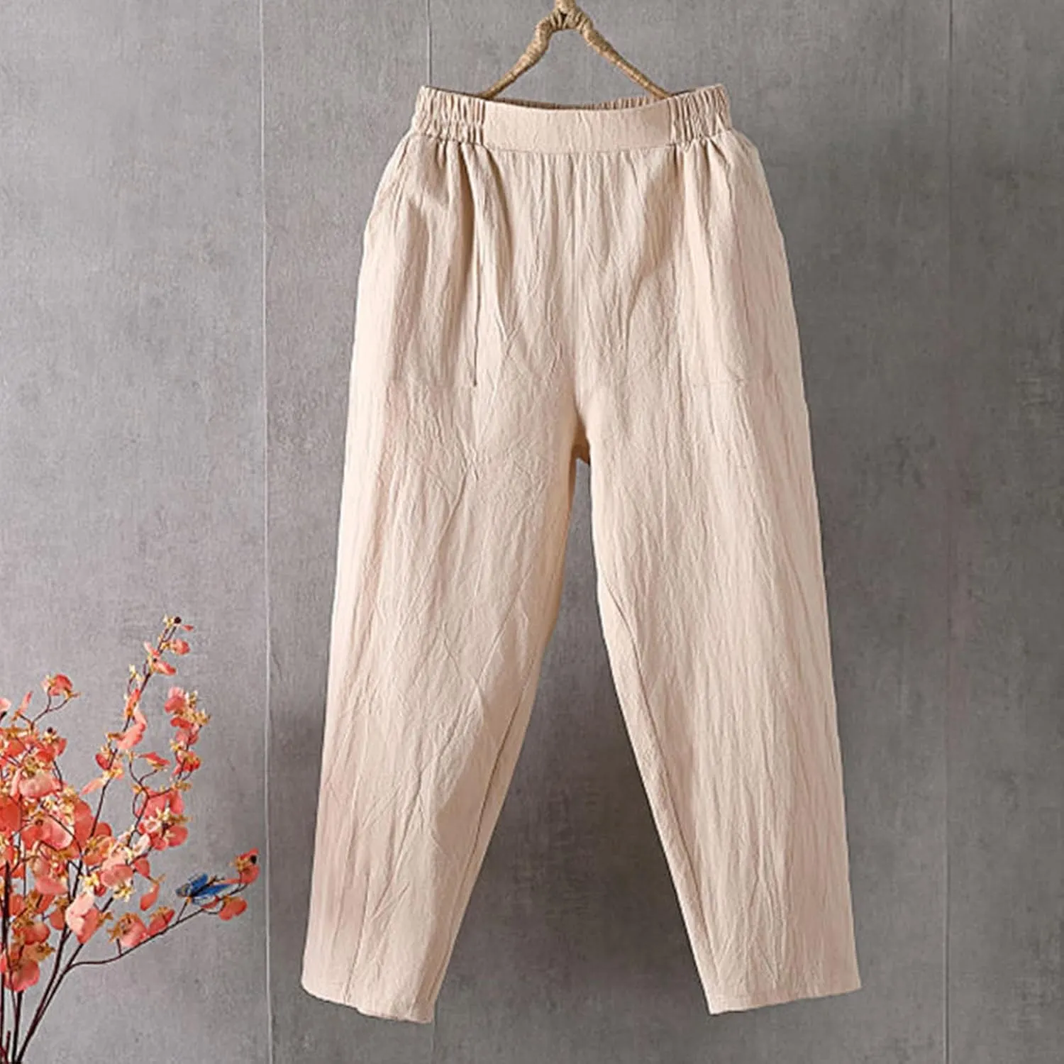 Linen Pants Women Summer 2025 High Elastic Waist Cropped Trouser Solid Color Relaxed Fit Beach Trousers with Pockets