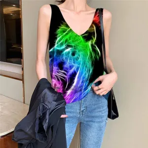 Lion Tank-Top women Animal Vest Print Anime Sleeveless 3d Colorful Funny Top Flame Vest Printed