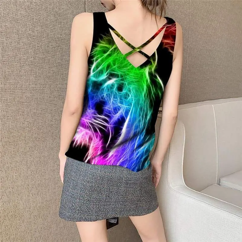 Lion Tank-Top women Animal Vest Print Anime Sleeveless 3d Colorful Funny Top Flame Vest Printed