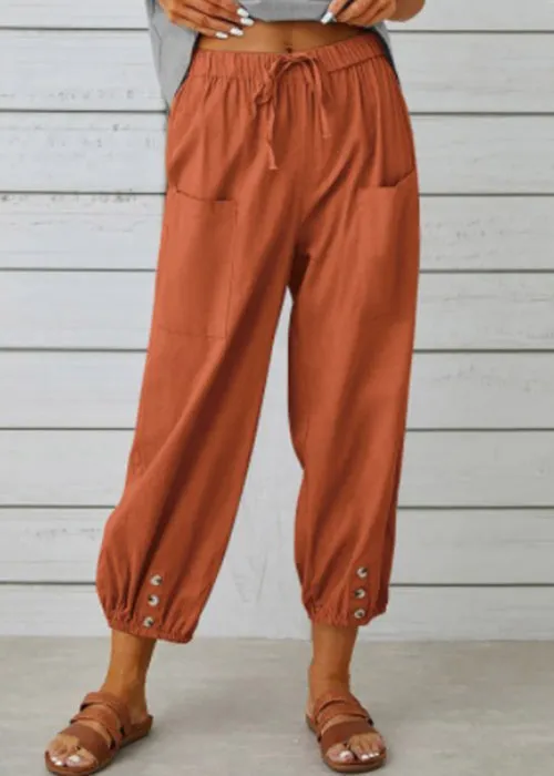 Loose Dark Gray Pockets Elastic Waist Cotton Crop Pants Summer QE048