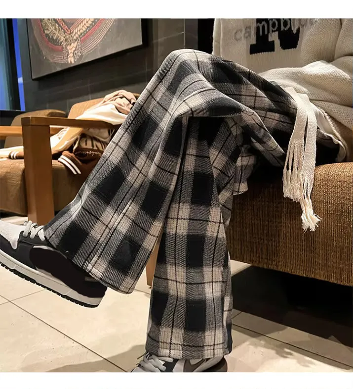 Loose Retro Fleece Plaid Long Pants