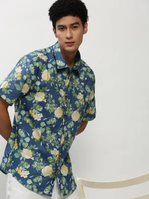 Men Blue Standard Floral Printed Cotton Slim Fit Casual Shirt