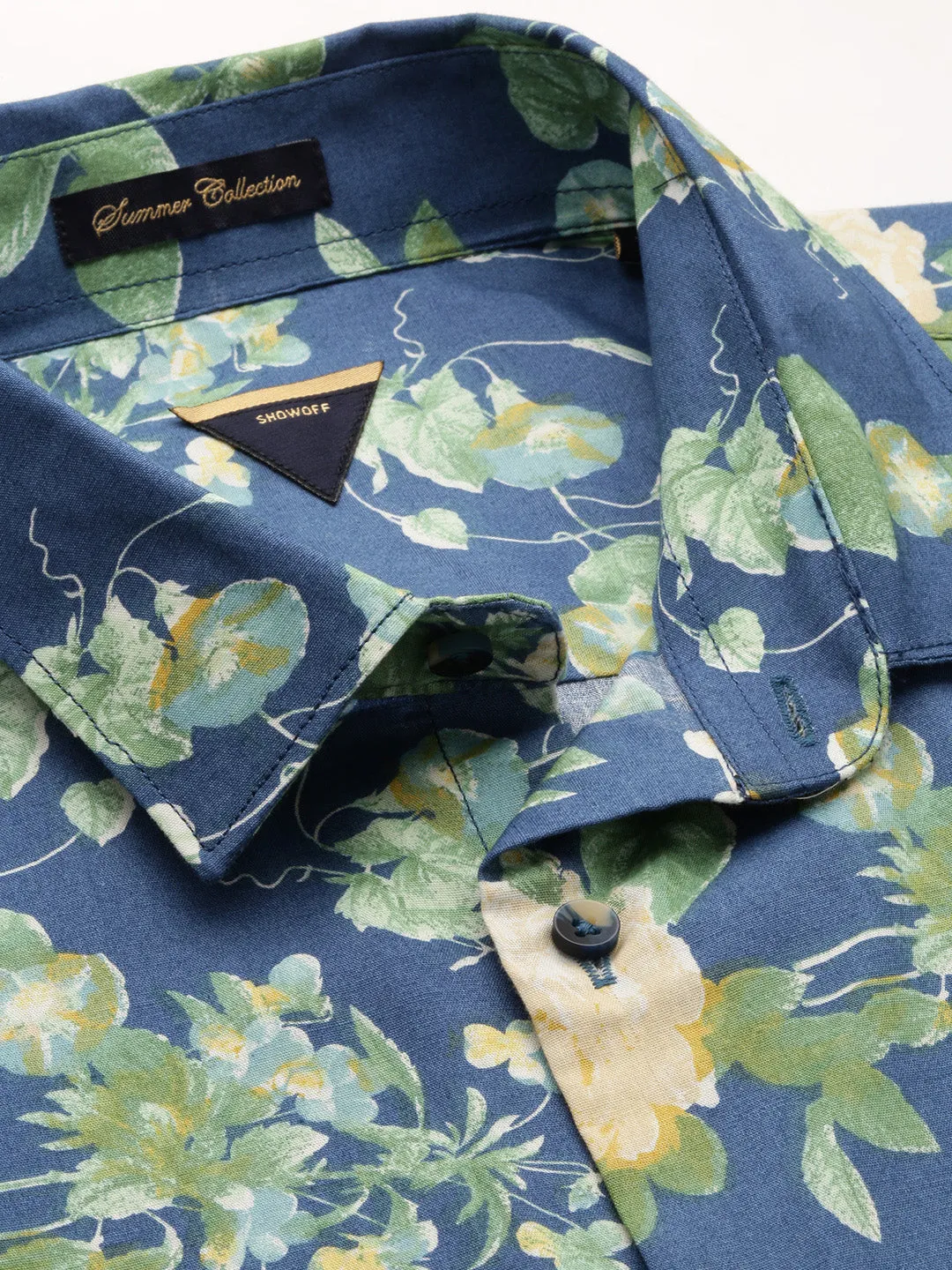 Men Blue Standard Floral Printed Cotton Slim Fit Casual Shirt