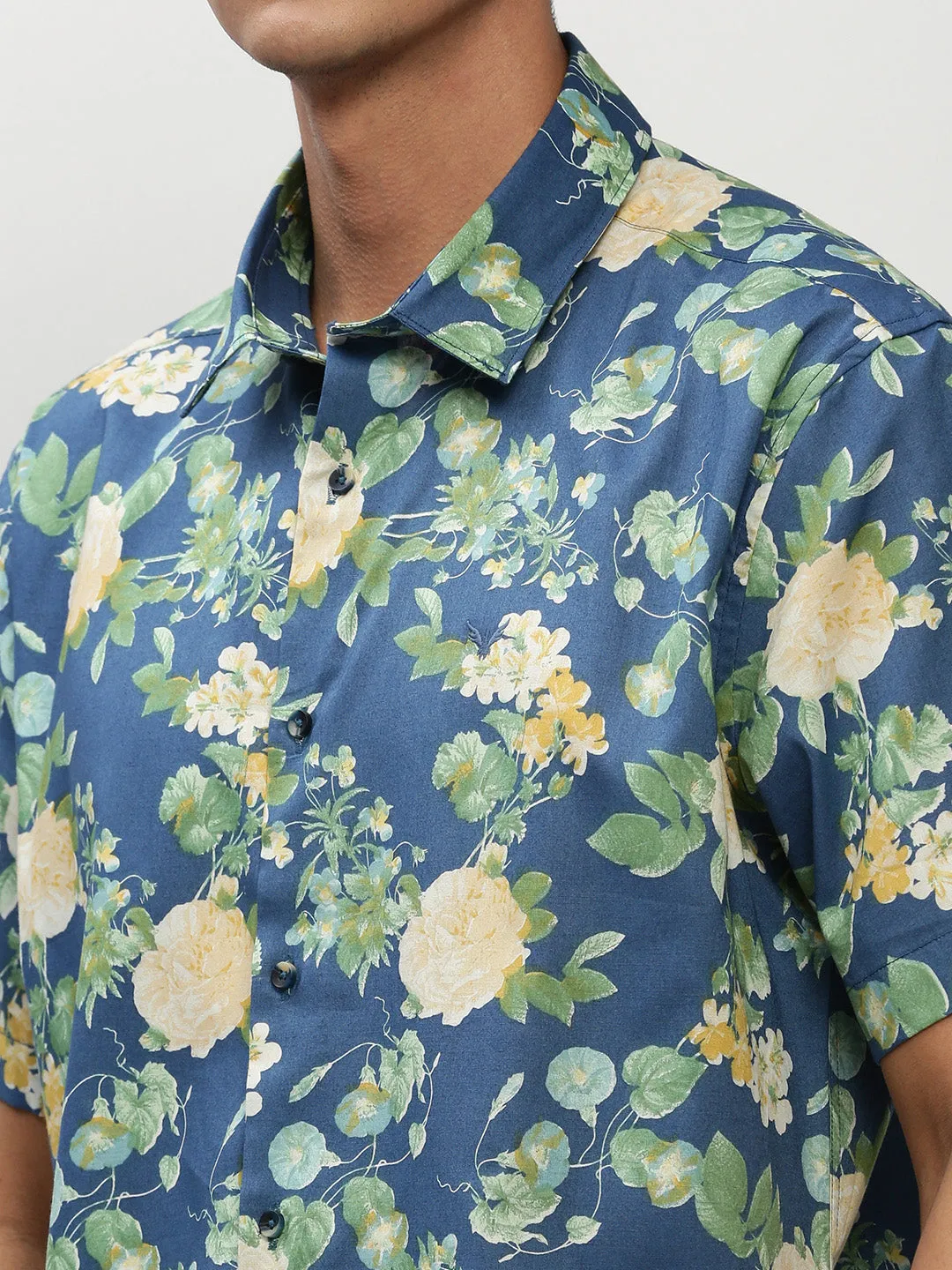 Men Blue Standard Floral Printed Cotton Slim Fit Casual Shirt