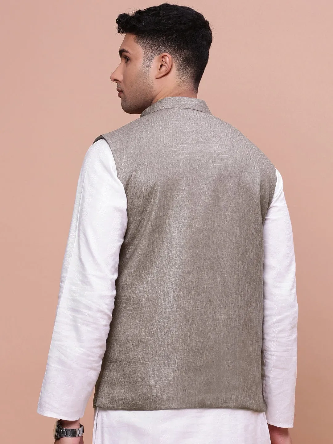 Men Brown Solid Slim-Fit Woven Nehru Jacket