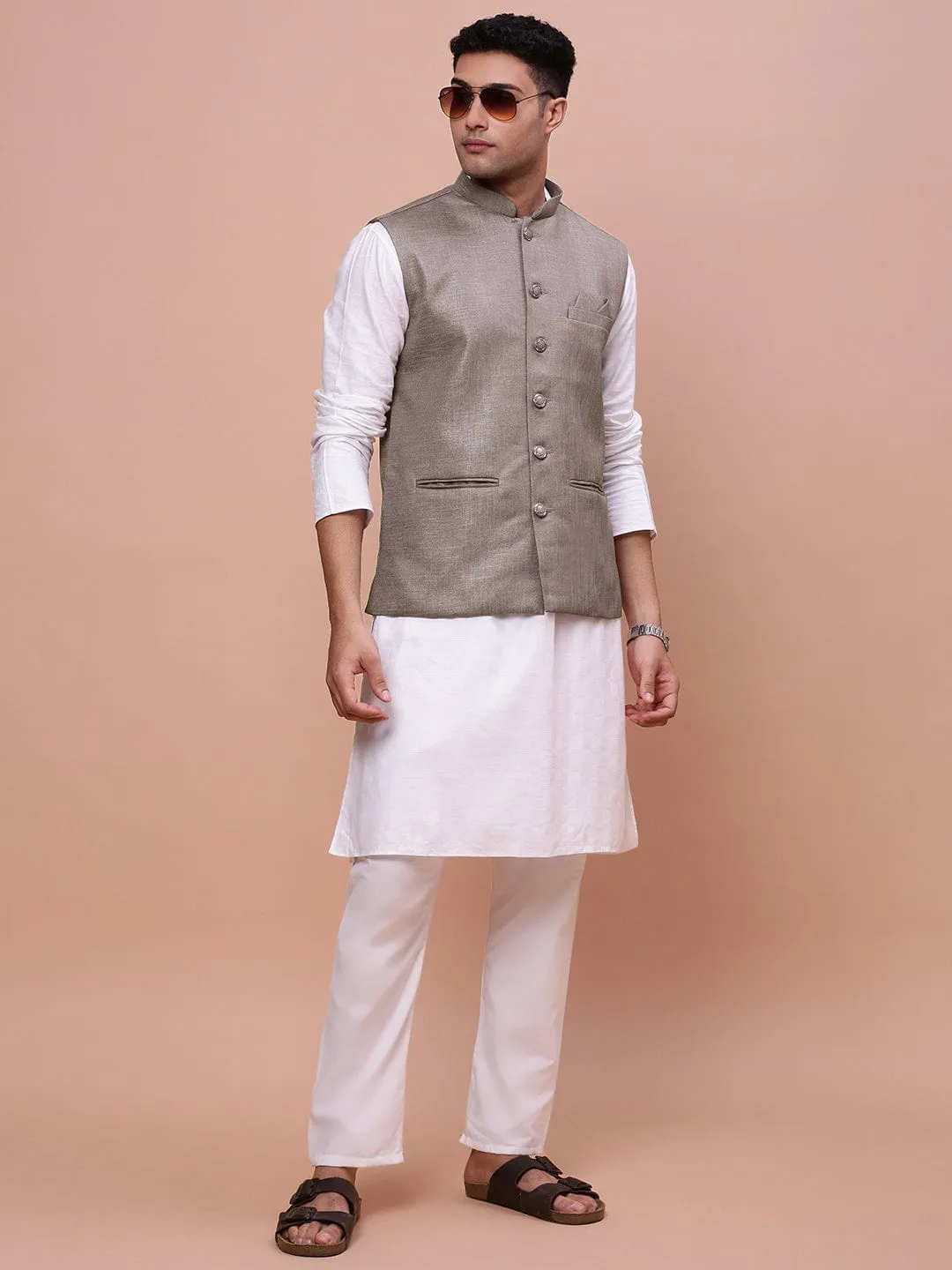 Men Brown Solid Slim-Fit Woven Nehru Jacket