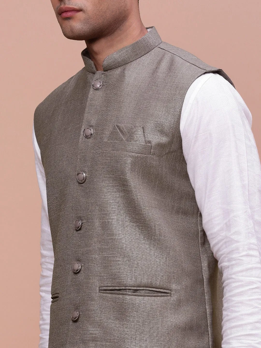 Men Brown Solid Slim-Fit Woven Nehru Jacket