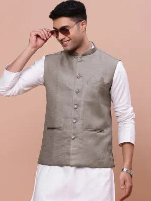 Men Brown Solid Slim-Fit Woven Nehru Jacket