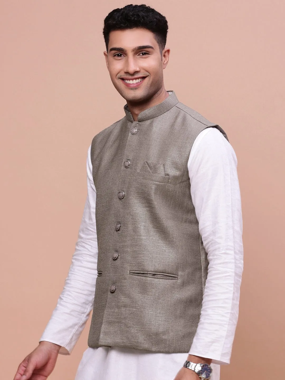 Men Brown Solid Slim-Fit Woven Nehru Jacket