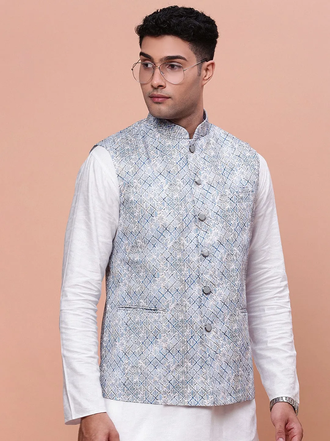 Men Embellished Blue Slim Fit Nehru Jacket