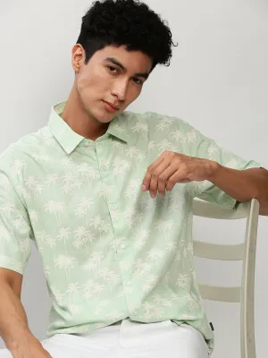 Men Green Standard Slim Fit Floral Printed Cotton Casual Shirt
