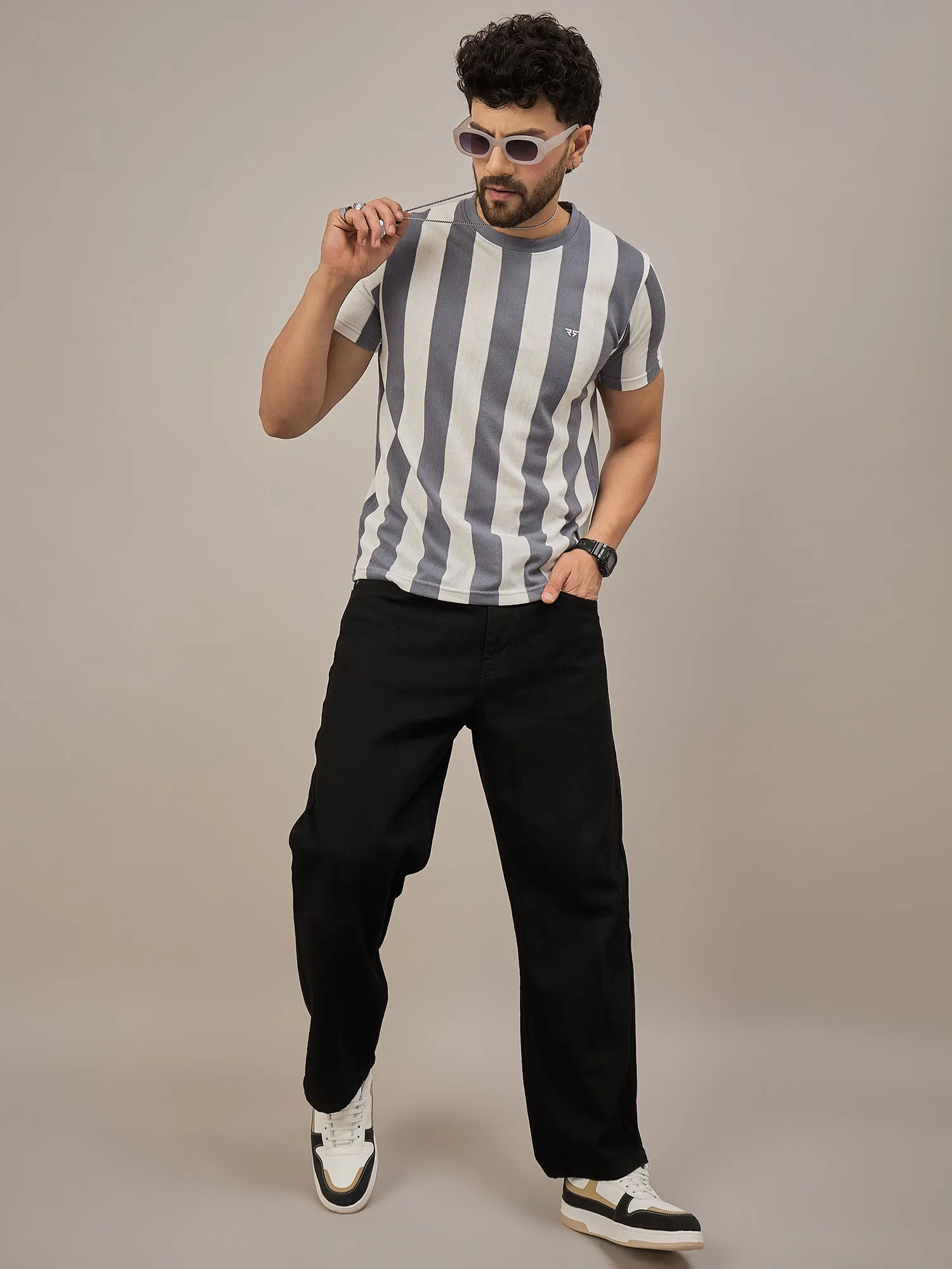 Men Striped T-shirt Grey & White
