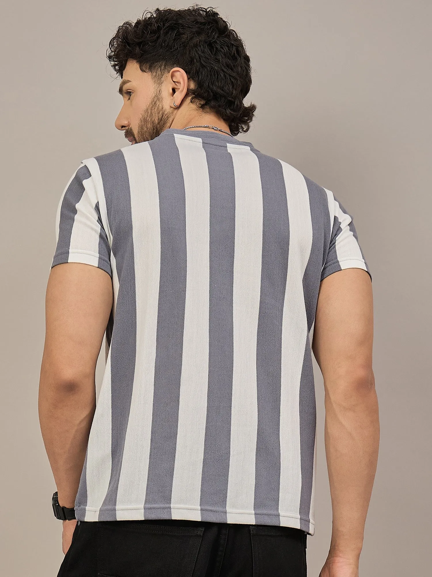 Men Striped T-shirt Grey & White