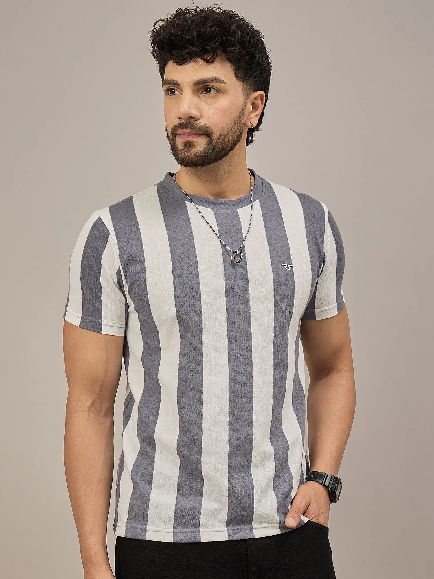 Men Striped T-shirt Grey & White
