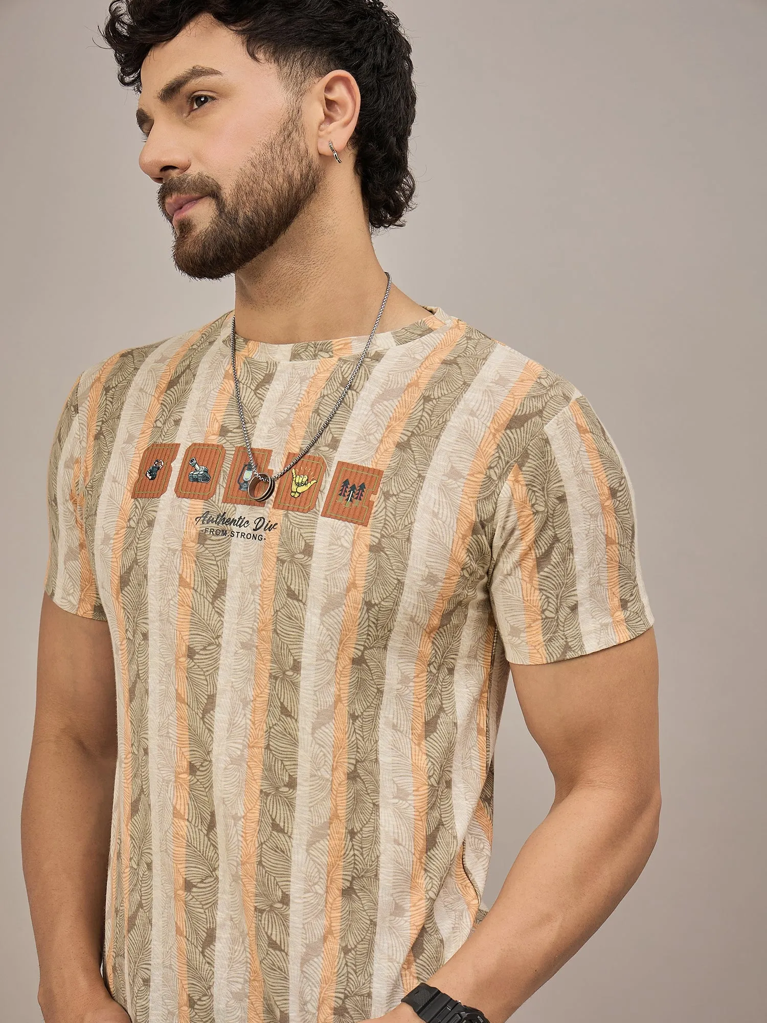 Men Striped T-shirt Light Brown & Orange