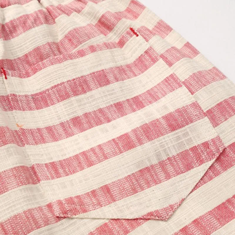 Men's Casual Cotton Linen Stripe Elastic Waist Straight Shorts 54118289M