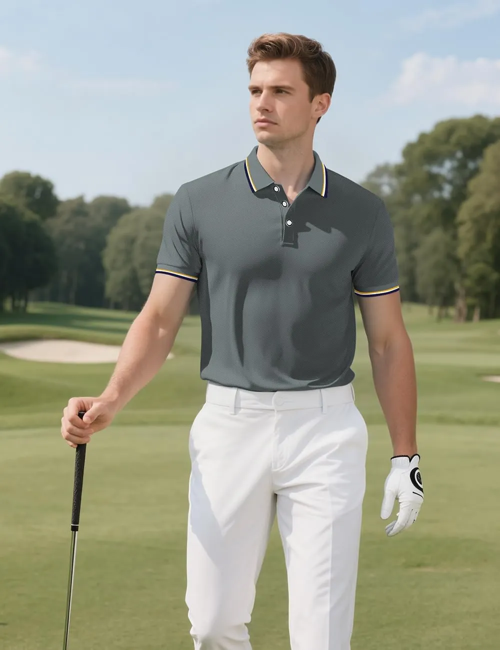 Men's Golf Polo Shirts Short Sleeve Striped Casual Polo Shirts for Men Dry Fit Tennis T-Shirt Tops