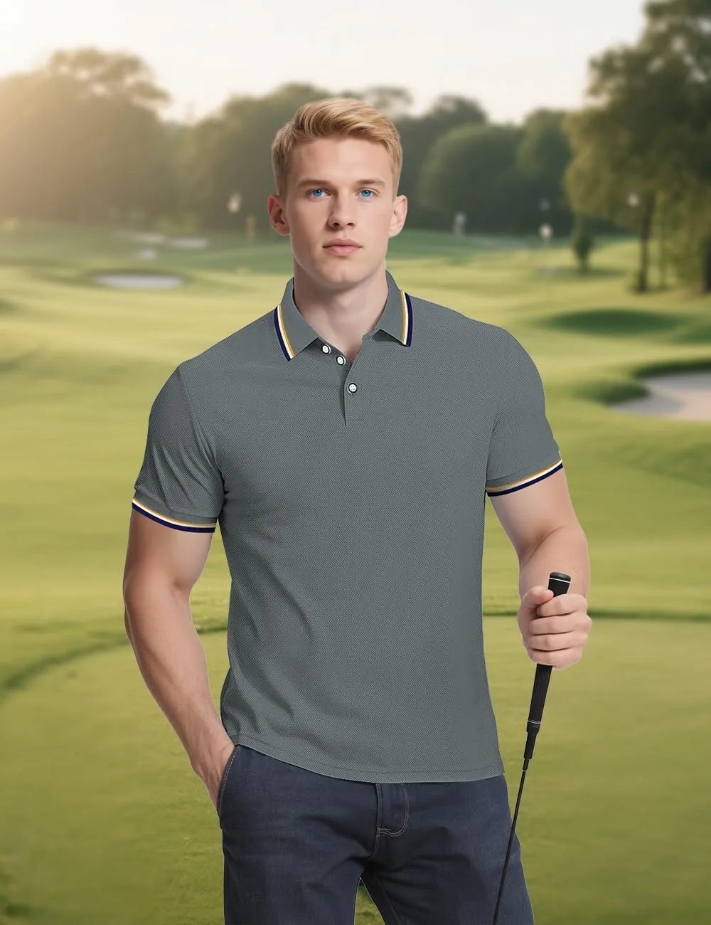 Men's Golf Polo Shirts Short Sleeve Striped Casual Polo Shirts for Men Dry Fit Tennis T-Shirt Tops
