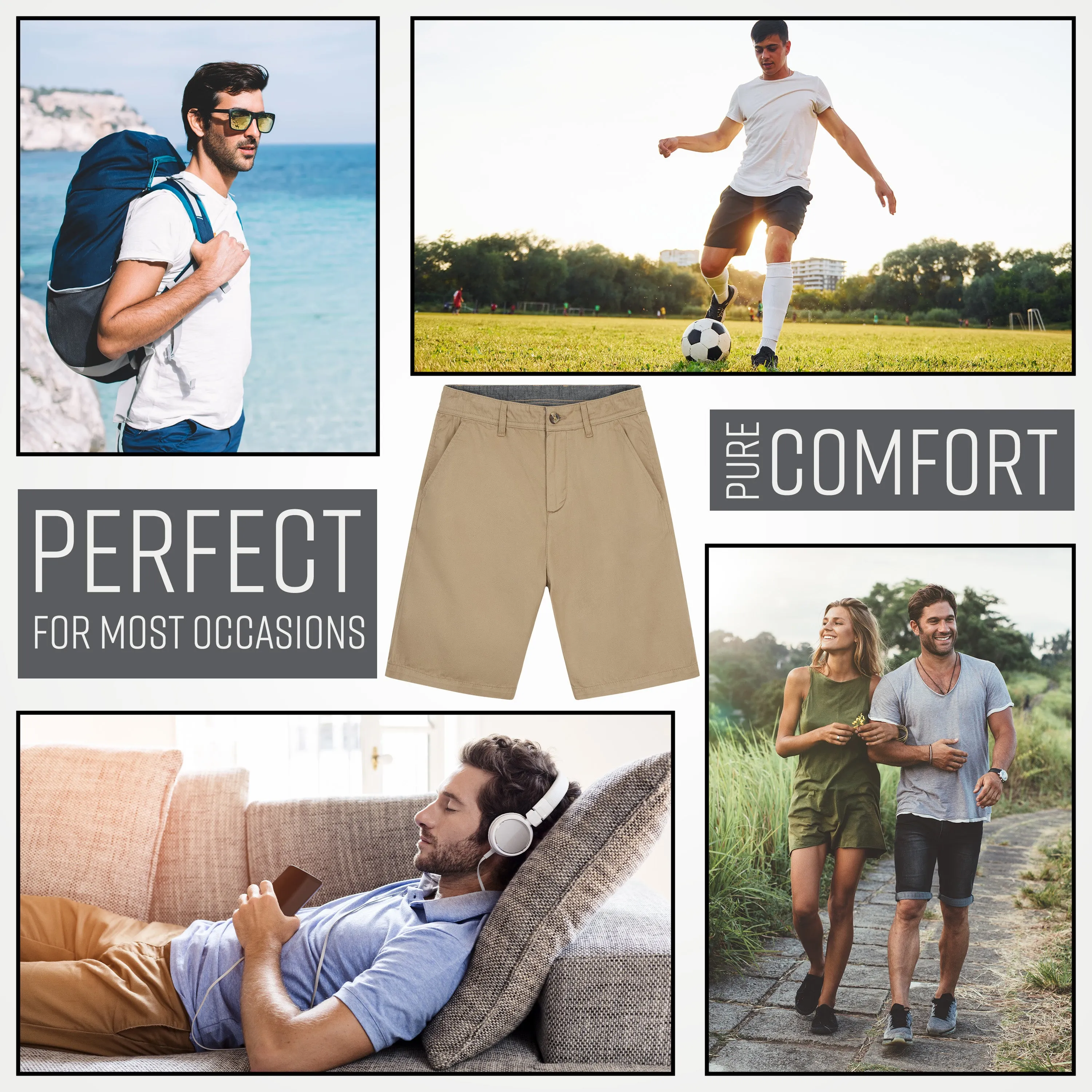 Mens Shorts with Pockets,  Cotton Chino Shorts for Men