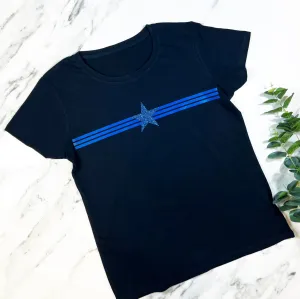 Metallic Blue Stripes and Glitter Star T Shirt