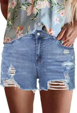 Mid Rise Distressed Raw Hem Denim Shorts