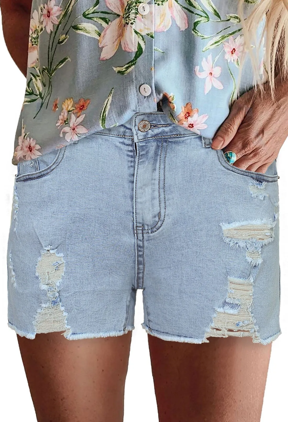 Mid Rise Distressed Raw Hem Denim Shorts