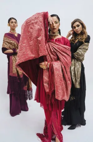 Mulberry Hand-pleated Tunic with Flowy Pants and a Velvet Shawl