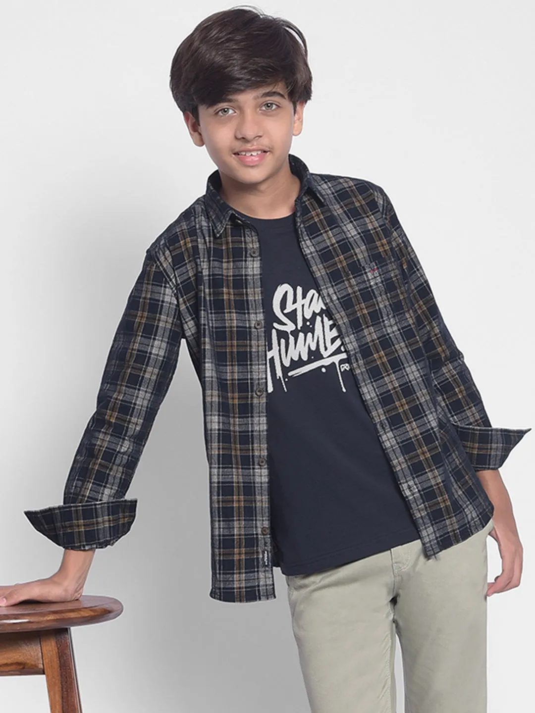 Navy Blue Checked Corduroy Shirt