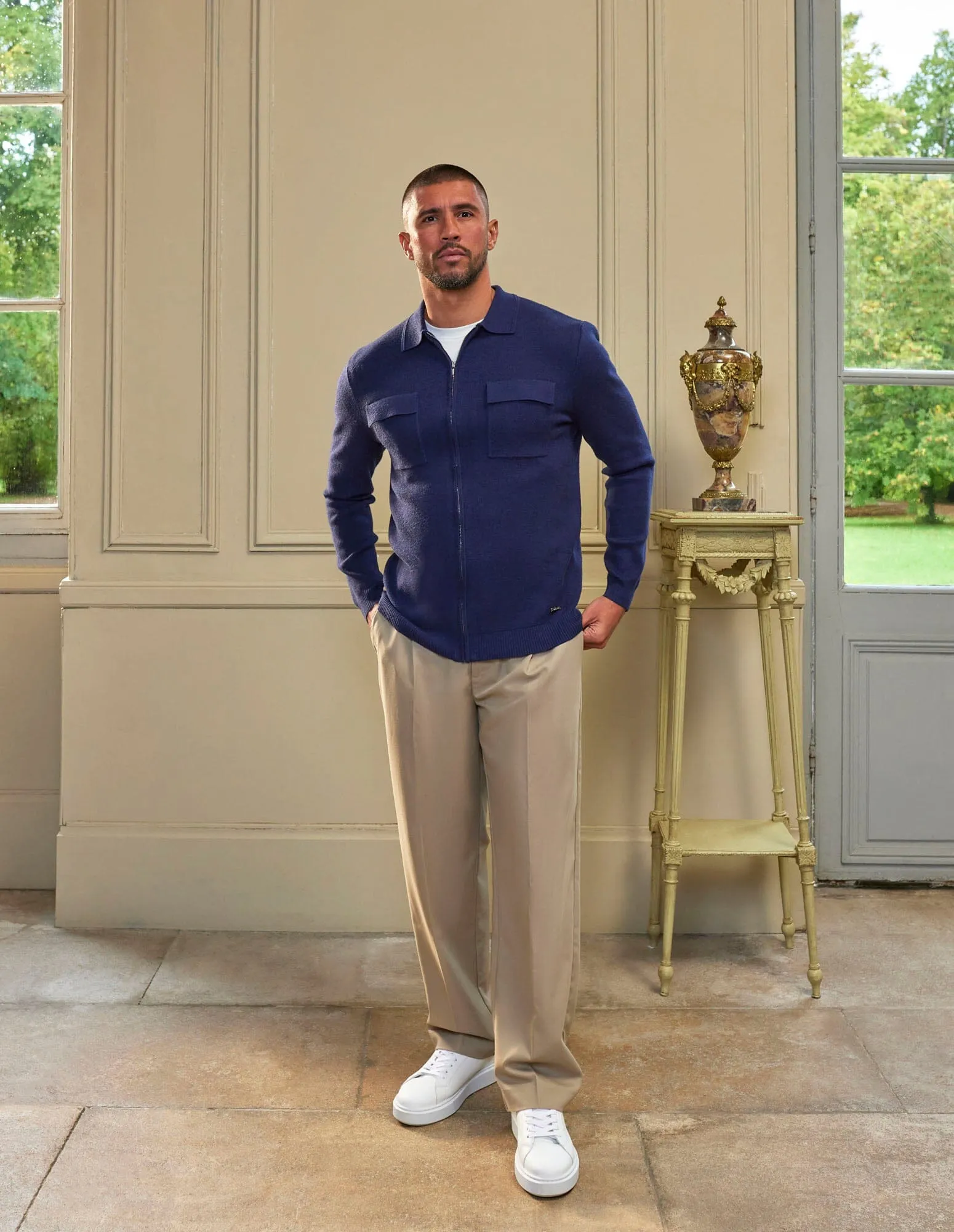 Navy Knit Zip Through Pocket Cardigan