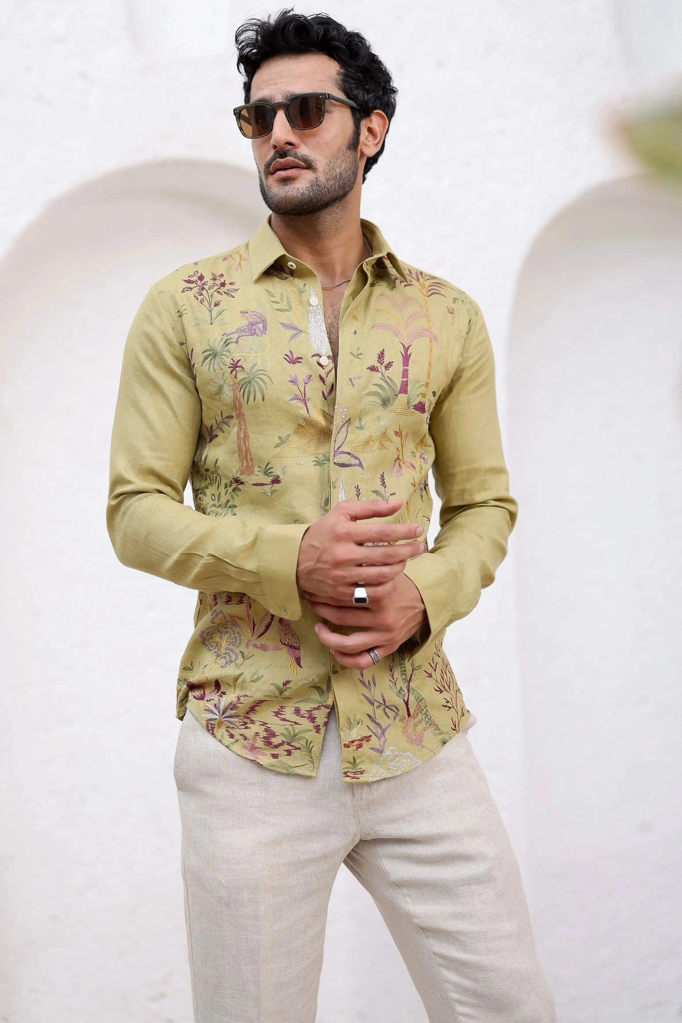 Olive Green Floral Embroidery Shirt