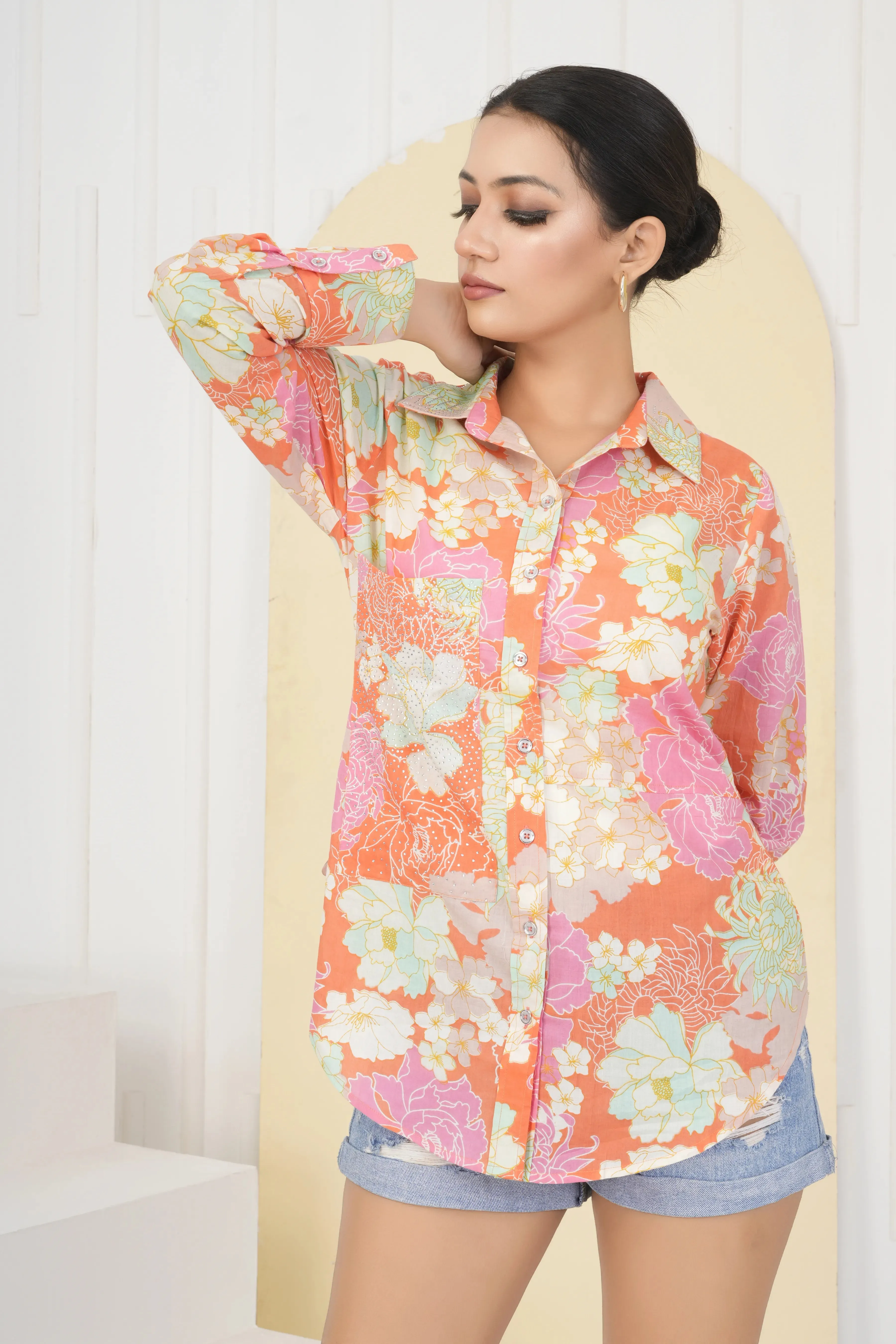 Orange Multi Floral Printed Rhinestone Cotton Cambric Shirt