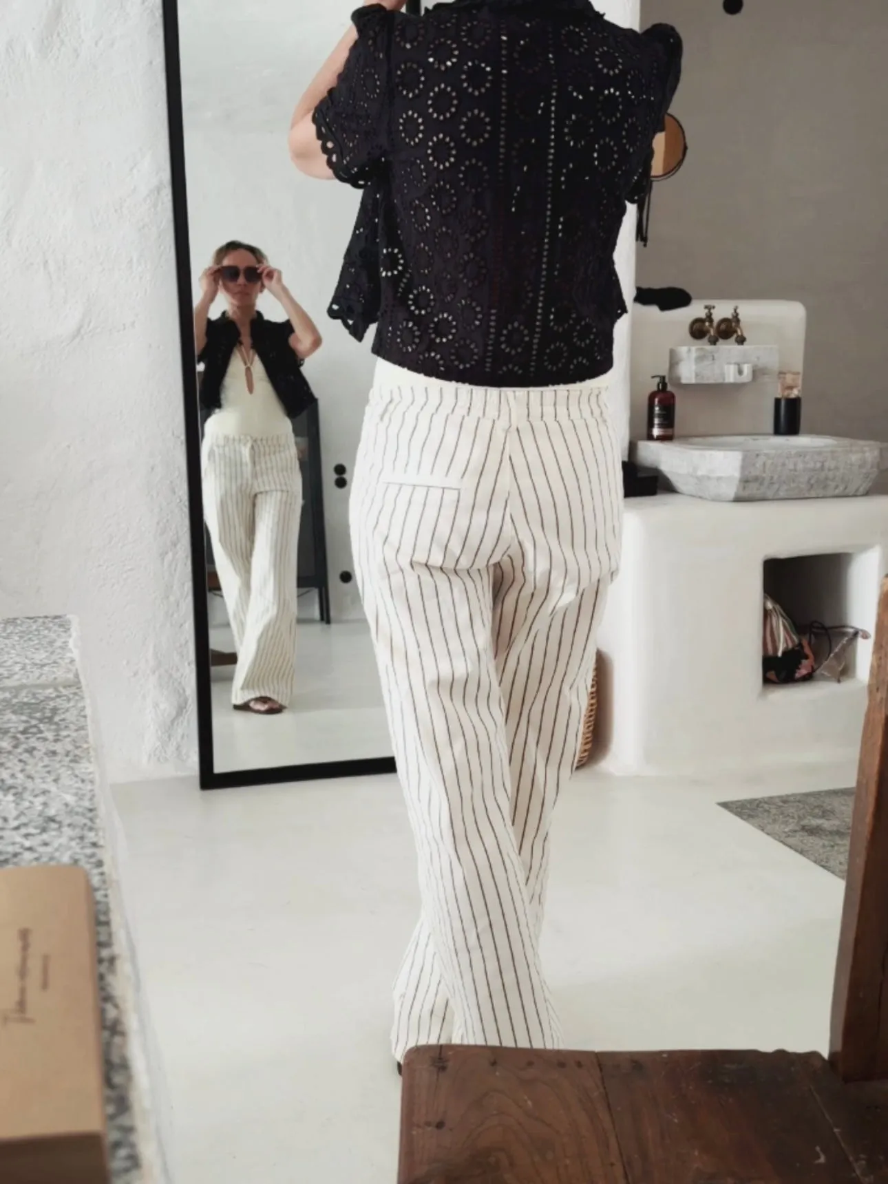 PANTS WITH ELASTIC WAISTBAND - STRIPED BEIGE/BROWN