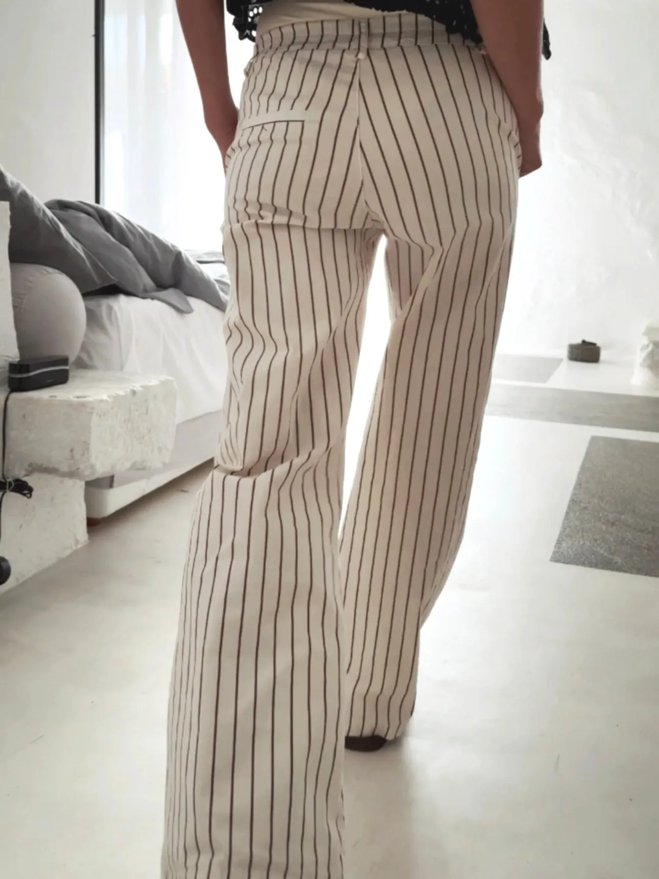 PANTS WITH ELASTIC WAISTBAND - STRIPED BEIGE/BROWN